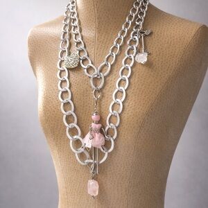 NWT Boho Charm Necklace with Pink Doll Pendant | Chunky Silver Artisan Chain